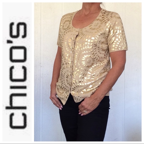 CHICOS GOLD FOIL SHORT SLEEVE CARDIGAN MEDIUM NWT - Picture 2 of 9